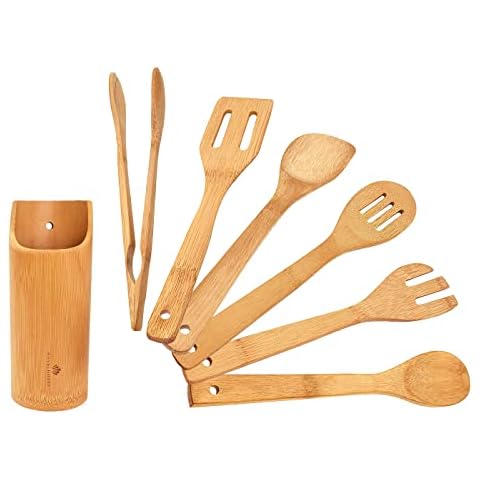 Silicone Kitchen Cooking Utensils w Bamboo Holder- 10 Pc Gourmet Non-Stick,  Heat Resistant, Kitchen Tools Set- Spatula, Spoon, Slotted Spoon, Tongs,  Basting Bru…