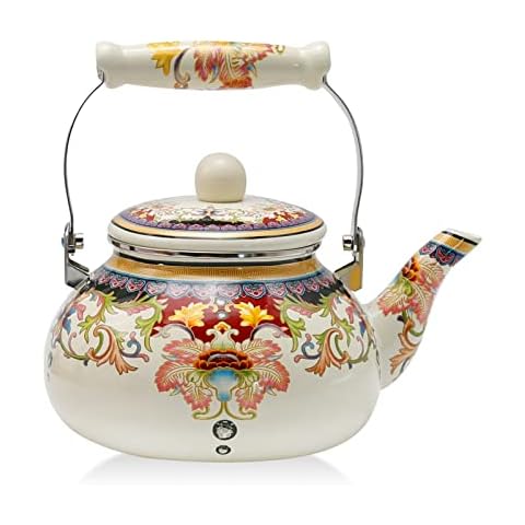 2.5L Enameled Teakettle with Handle, Steel Teapot Colorful Tea Kettle for  Stovetop, Hot Water, No Whistling White