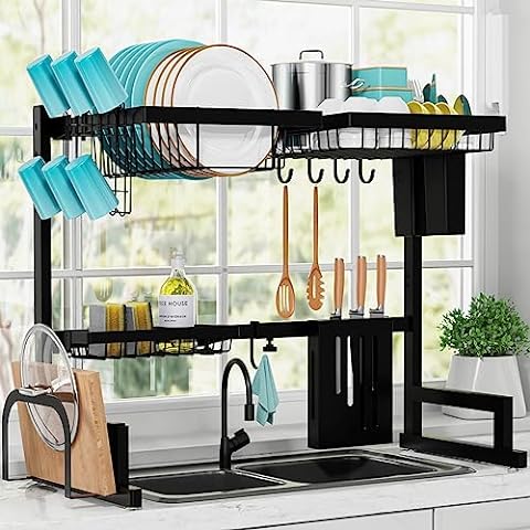 Over The Sink Dish Drying Rack, Width Adjustable (26.8 to 34.6) 2 Tier  Dish Rack Drainer for Kitchen Counter Organization and Storage, Utensil