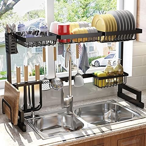 Dish Drying Rack, SAYZH Expandable Dish Rack with Drainboard Spout in Sink, Small Dish Drainer with Utensil Holder Sink Caddy, Compact Dish Dryer Rack