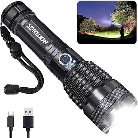 Goreit Flashlight High Lumens Rechargeable, 20000 Lumen Led Flashlights  XHP70.2 USB Super Bright Flash Light, High Powered Handheld Flashlights for  Emergencies Camping, IP67 Waterproof, Zoomable Black