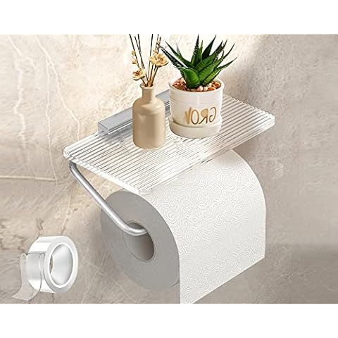 Meteou Adhesive Toilet Paper Holder with Shelf, Acrylic Toilet Paper Roll  Holder, Wall Mounted with 3M Self Adhesive No Drilling, Toilet Paper Holder