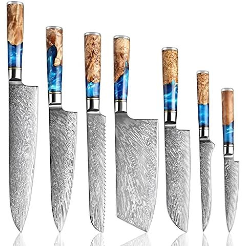 SENKEN Damascus Steel 7 Japanese Santoku Knife with Real Deep-Sea Abalone Shell Handle - UMI Collection - 67-Layer Japanese VG10 Forged Steel Blade