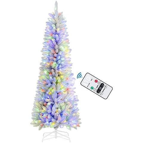 SHareconn 6ft Premium Prelit Artificial Hinged Slim Pencil Christmas Tree  with Remote Control, 240 Warm White & Multi-Color Lights, Full Branch Tips