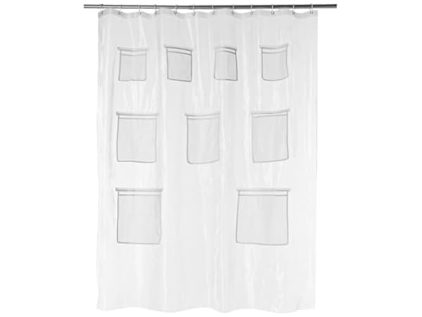 Zenna Home Waterproof PEVA Shower Curtain or Shower Liner with 9 Mesh  Storage Pockets, 70 x 72, Bathroom Organizer, Clear