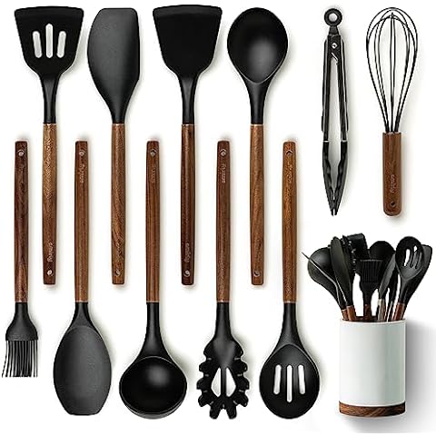 Smirly Kitchen Utensil Set & Holder - Essentials for New Home & 1st Apartment - Silicone Spatula & Cooking Spoon Set for Nonstick Cookware