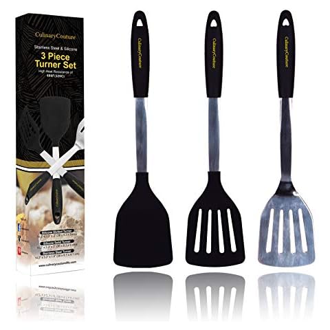 Flexible Silicone Turner Spatula Set - 600F Heat-Resistant Non-Stick Kitchen Utensils Flippers for Cooking and Baking, Size: 3pc, Black