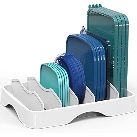 Update White Food Container Lid Organizer&Adjustable Metal Lid Holder Rack  6 Dividers Storage Container Lid organizer for Cabinets, Cupboards, Pantry,  Drawers to Keep Kitchen Tidy(Patent Pending) 