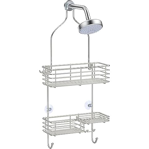 Gecko-Loc New Long Wide Adjustable Length Over The Showerhead Hanging Shower Caddy Organizer Shelf - Silver