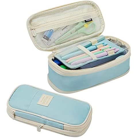 CICIMELON Pencil Case Large Capacity Pencil Pouch 3 Compartments Pencil Bag  Gift for Students Girls Adults Women (Light Blue)