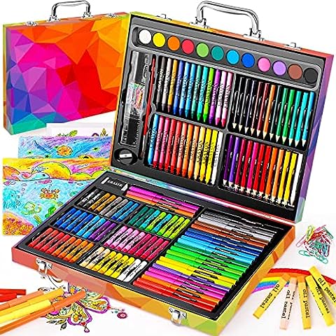  Art Supplies, 185-Piece Super Deluxe Wooden Art Set Crafts  Drawing Kit with 2 Sketch Pads, Crayons, Oil Pastels, Colored Pencils,  Watercolor Cakes, Creative Gift for Teens, Beginners Girls Boys