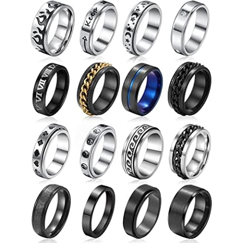 EIELO 9pcs Stainless Steel Band Rings for Men Women Cool Fidget Spinning Chain Ring Anxiety Relief Fashion Simple Wedding Engagement Black Ring Set