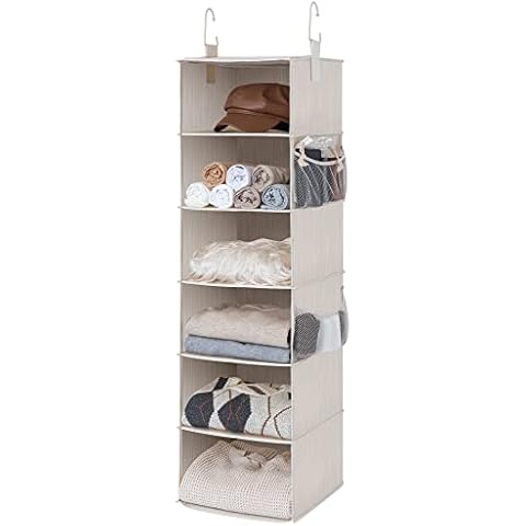 MAX Houser 4-Shelf Hanging Closet Organizer, Space Saver, Cloth Hanging  Shelves with 2 Side Pockets, Foldable (Beige)