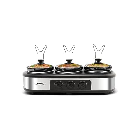  Sunvivi Triple Slow Cooker Buffet Servers and Warmer,3 Pot Food  Small Mini Manual Slow Cooker with Adjustable Temp Stainless Steel Lid  Rests,Removable Ceramic Pot,4.5 QT Black: Home & Kitchen