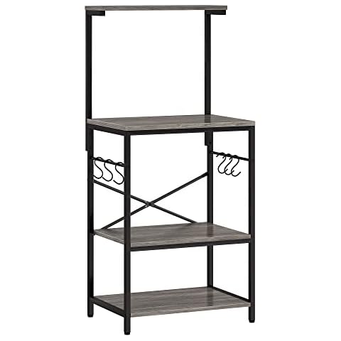 SONGMICS Bakers Rack Adjustable Microwave Stand Kitchen Storage Rack with 4 Shelves 6 Hooks for Pots Pans Spice Bottles in The Kitchen Apartment