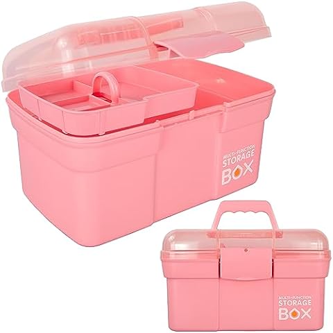 TERGOO 12in Three-Layer Multipurpose Storage Box Organizer Folding Tool Box/ Art & Crafts Case/Sewing Supplies Organizer/Medicine Box/Family First Aid  Box with 2 Trays (Pink)