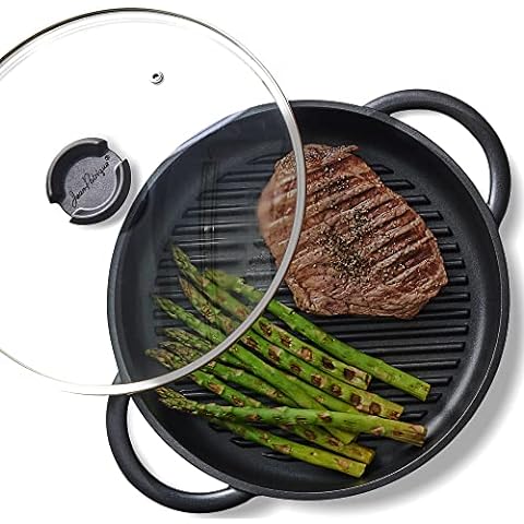 Lava Enameled Cast Iron Ceramic Steak Grill Pan with Side Drip Spouts - 11  inch Round Frying Pan with White Ceramic Enamel Coated Interior - Edition
