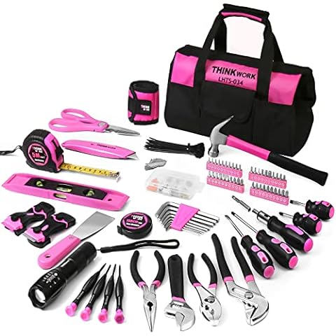 THINKWORK Car Emergency Kit for Teen Girl and Lady's Gifts, Pink Emergency Roadside Assistance Kit with 10ft Jumper, First Aid Kit, Safety Hammer, Tow
