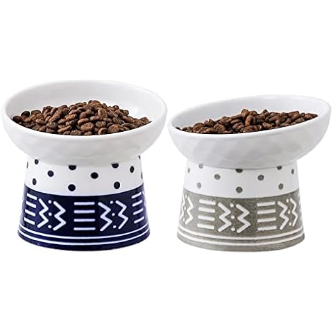 CEEFU 2 Extra Wide Raised Cat Food Bowl, Elevated Anti-Vomiting Cat Feeder  Whisker Stress-Free Dog Two Bowls Ceramic Cat Feeding Bowls White