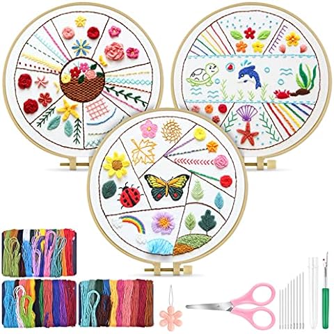 Uphome 3 Pack Embroidery Starter Kit for Beginners Stamped Cross Stitch  Kits with Cute Flowers and Plants Patterns with 1 Embroidery Hoop and Color