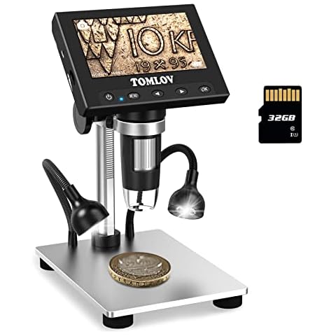 5 inch Coin Microscope with In-line control, 1000x Digital Microscope +  32GB SD Card + Metal Stand, 1080FHD USB Microscope with Wifi Function