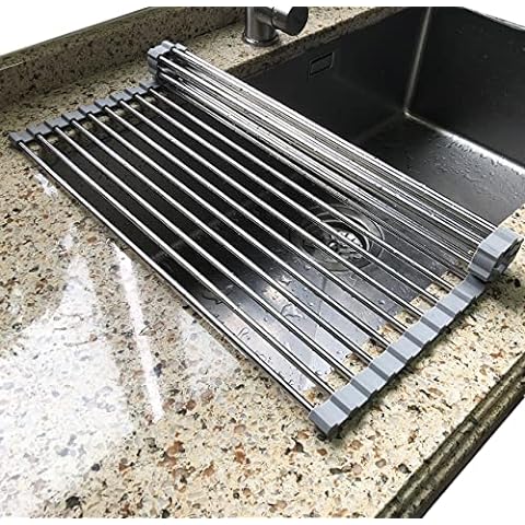 17.7 x 15.5 Large Dish Drying Rack, Attom Tech Home Roll Up Dish Racks  Multipurpose Foldable Stainless Steel Over Sink Kitchen Drainer Rack for  Cups