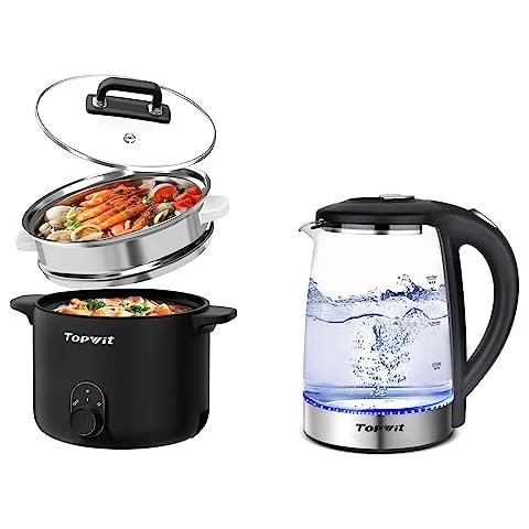 Topwit Electric Cooker with Steamer, 1.6L Ramen Cooker & Electric Kettle  Hot Water Kettle, 2.0L Stainless Steel Electric Tea Kettle