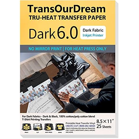  TransOurDream Iron on Heat Transfer Paper for Dark T Shirts &  Fabrics (15 Sheets 8.5x11, Dark 2.0) Printable HTV Heat Transfer Vinyl for  Inkjet Printer Iron On transfers for T Shirts(TRANS-D2-7-15-3)
