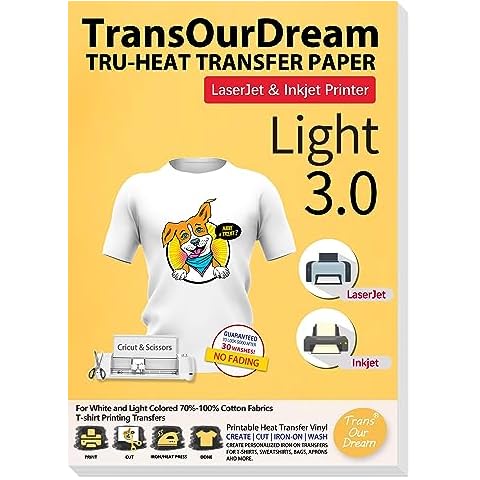 TransOurDream Heat Transfer Paper for Light T Shirts (20 Sheets 8.5x11)  Clear Iron on Transfer Paper for Light &White Fabrics Printable Heat  Transfer Vinyl for Inkjet Printer (Trans-1)