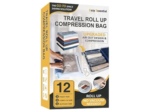 RoomierLife 8 Travel Space Saver Bags. Pack of 8 Bags, size Medium to  Large. Roll-Up Compression Storage (No Vacuum Needed) & Packing Organizers.