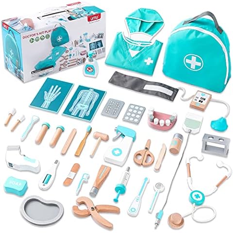 Umu Doctor Kit for Kids, Wooden Pretend Play 37 Pcs Pet Care Play Set Doctor Playset for Toddlers, Montessori Toys Dentist Kit for 3-8 Years Old
