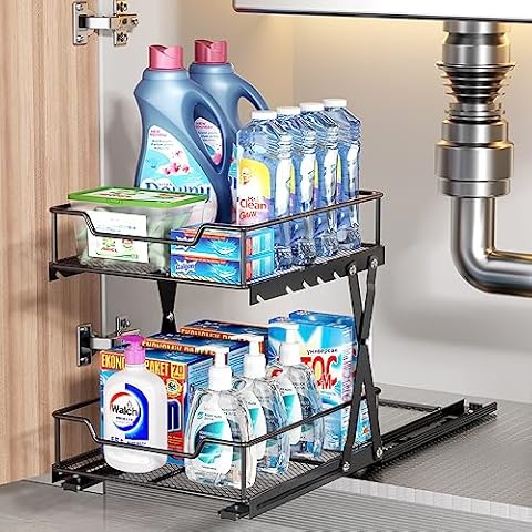 WZMYO Under Sink Organizers and Storage-2 Pack L-Shape Heavy Duty Metal  Slide Out Pull Out Drawers Under Cabinet Storage Around Plumbing, for Under