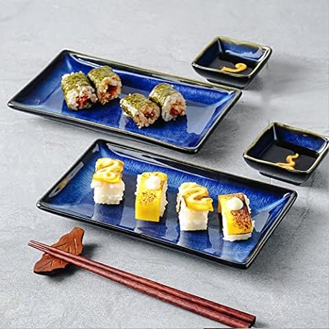 JapanBargain 4699, Japanese Sushi Set Porcelain Sushi Plates Soy Sauce  Dipping Bowls and Chopsticks Gift Set, Black and Pink Color Cherry Blossom