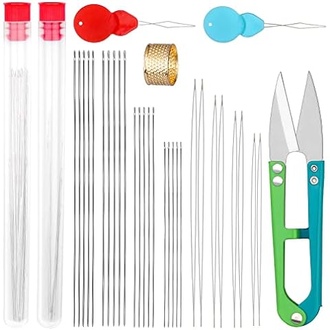 Zlulary 6 Pieces Beading Needles, 2 Sizes Long Straight Beading Embroidery Needles with Needle Bottle and 3 Pcs Bead Needle Threader for Jewelry