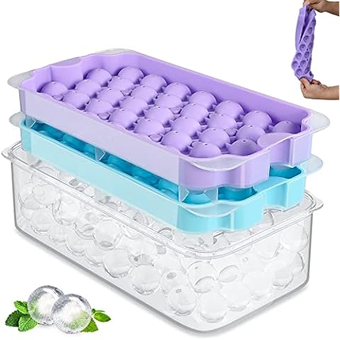 ICEXXP Round Ice Cube Trays with Lid and Bin - 2 Pack Ice Ball