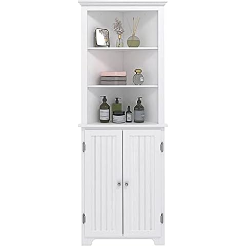 Spirich Home Bathroom Tall Corner Storage Cabinet, Floor Slim Display with Glass Doors and Adjustable Shelves White - Painted