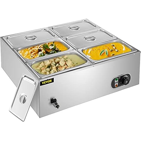 VEVOR Commercial Food Warmer Full-Size 1 Pot Steam Table with Lid 9.5 Quart Electric Soup Warmers Grade Stainless Steel Bain Marie Buffet Equipment
