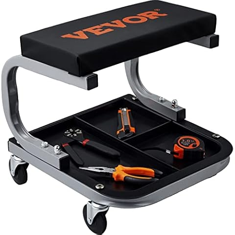 DNA Motoring Tools-00253 Adjustable Height Pneumatic Garage Seat Rolling Mechanic Stool with Tool Tray Storage