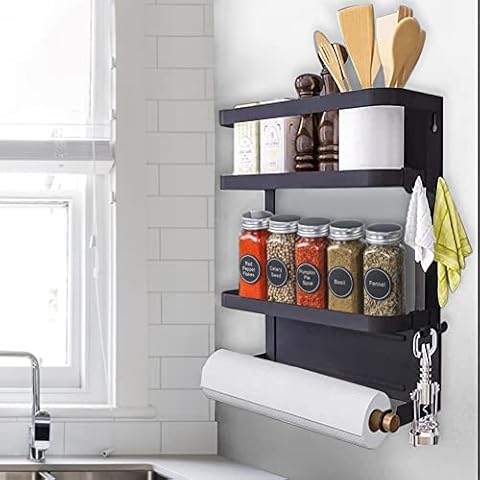 VIAV silver magnetic spice rack with paper towel holder and two shelf tiers