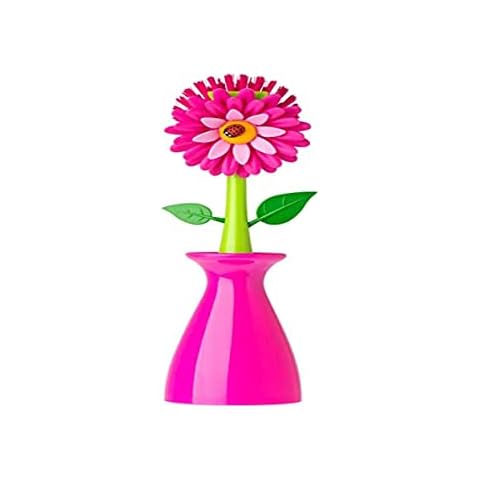 Vigar Florganic Dish Brush with Vase, Eco-Friendly, Daisy-Shaped Dish Brush  and Holder, Pink