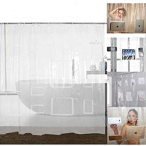 Cedmon Waterproof Fabric Shower Curtain or Liner with 9 Storage Pockets Bathroom Shower (Clear)