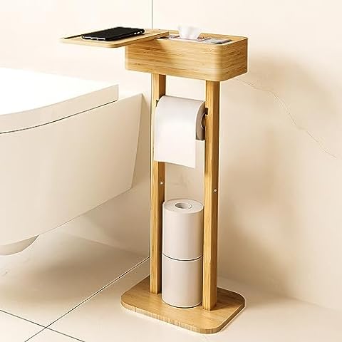 Toilet Paper Holder With Bamboo Top Shelf, Free Standing Black Toilet Paper  Stand, With Storage For 4 Spare Rolls
