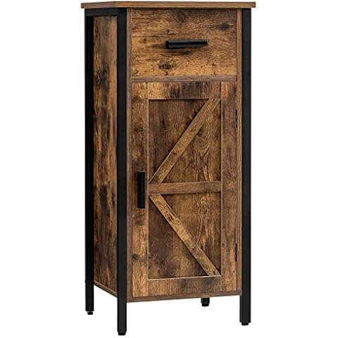 WEENFON Floor Storage Cabinet with 2 Adjustable Drawers & 2 Barn Doors,  Standing Cupboard with 2 Shelf, for Living Room, Home Office, Kitchen,  Rustic