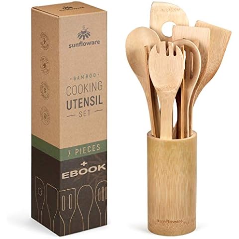 Silicone Kitchen Cooking Utensils w Bamboo Holder- 10 Pc Gourmet Non-Stick,  Heat Resistant, Kitchen Tools Set- Spatula, Spoon, Slotted Spoon, Tongs,  Basting Bru…