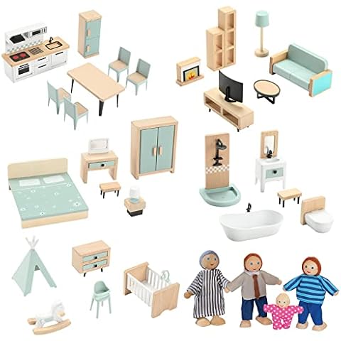 Beverly Hills Doll Collection Wooden Dollhouse Furniture Set for Kids -  Miniature Dollhouse Accessories 24PCS Doll House Furnishings with Kitchen,  Living Room, Bedroom, and Bathroom for Doll Family