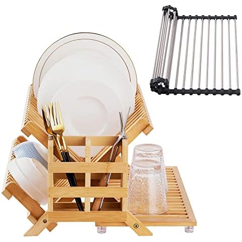 Utoplike Teak Dish Drainer Rack Collapsible 2 Tier Dish Rack Dish Drying  Rack Plate Holder for Kitchen Compact Foldable 
