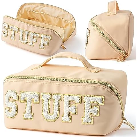 Y1tvei Bride Patch MRS Varsity Letter Cosmetic Toiletry Bag Pearl