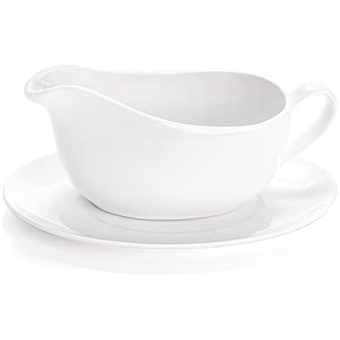 Bruntmor 11 Oz White Ceramic Gravy Boat With Tray, 11 Ounce Small Ceramic  Serving Dish, Dispenser with Tray For Sauces, Gravy Boats With Saucer For