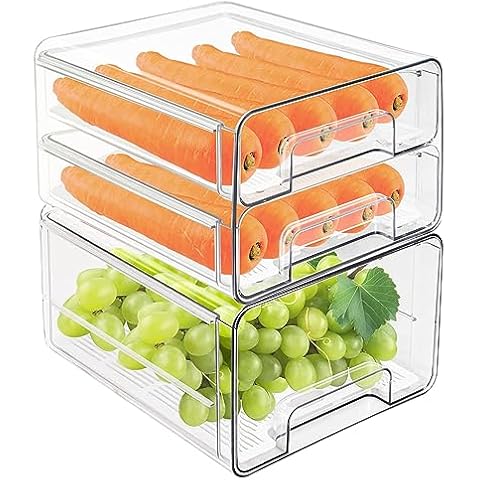 YouLike 1Pack Stackable Deepen Refrigerator Drawers Pull Out Bins Clear  Fridge Organizer Box with Drain Tray Plastic Food Storage Containers Set  Produce Saver for Pantry,Freezer,Kitchen Cabinet 