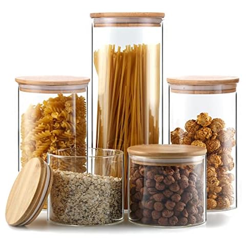 SAIOOL Stackable Kitchen Canisters Set of 8,High Borosilicate Glass  Cylinder Airtight Food Storage,Durable and sort out the tea, flour,  candies, grain